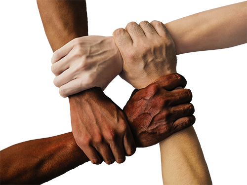 Four hands holding together, different skin colors